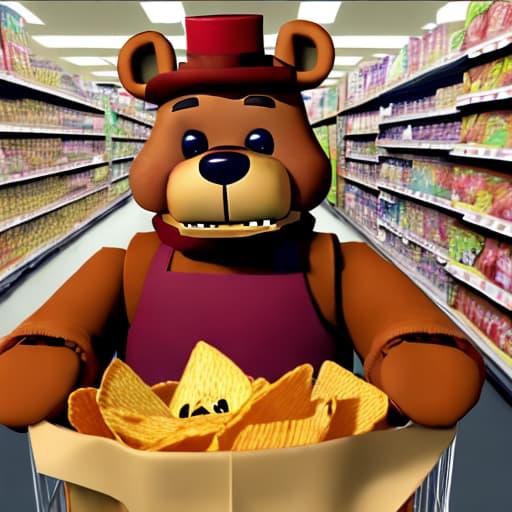  Freddy fazbear from five nights at Freddy’s in a grocery store with a bag of chips