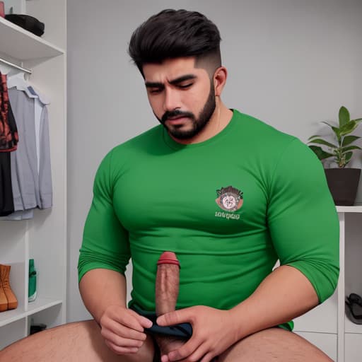  Hombre barbón, musculoso, sin ropa, con etnia mexicana Mostrando su propio pene masturbándose ，