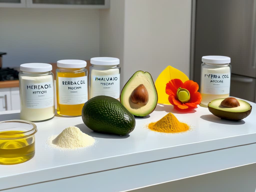  An 8k ultradetailed image of a sleek, modern kitchen countertop with an assortment of baking ingredients neatly arranged in clear glass containers. The focus is on a row of ingredients known for their health benefits, such as avocado oil, Greek yogurt, and almond flour. Soft natural light filters in, casting a gentle glow on the ingredients, emphasizing their freshness and quality. The minimalist composition conveys a sense of precision and attention to detail, perfect for an article on innovative and healthy baking practices. hyperrealistic, full body, detailed clothing, highly detailed, cinematic lighting, stunningly beautiful, intricate, sharp focus, f/1. 8, 85mm, (centered image composition), (professionally color graded), ((bright soft diffused light)), volumetric fog, trending on instagram, trending on tumblr, HDR 4K, 8K