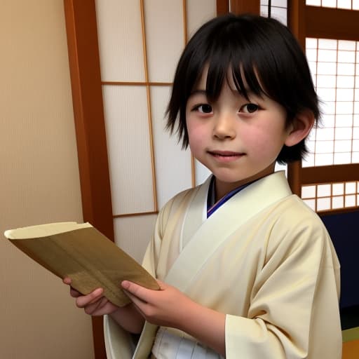  A Japanese kid holding a scroll that’s opened