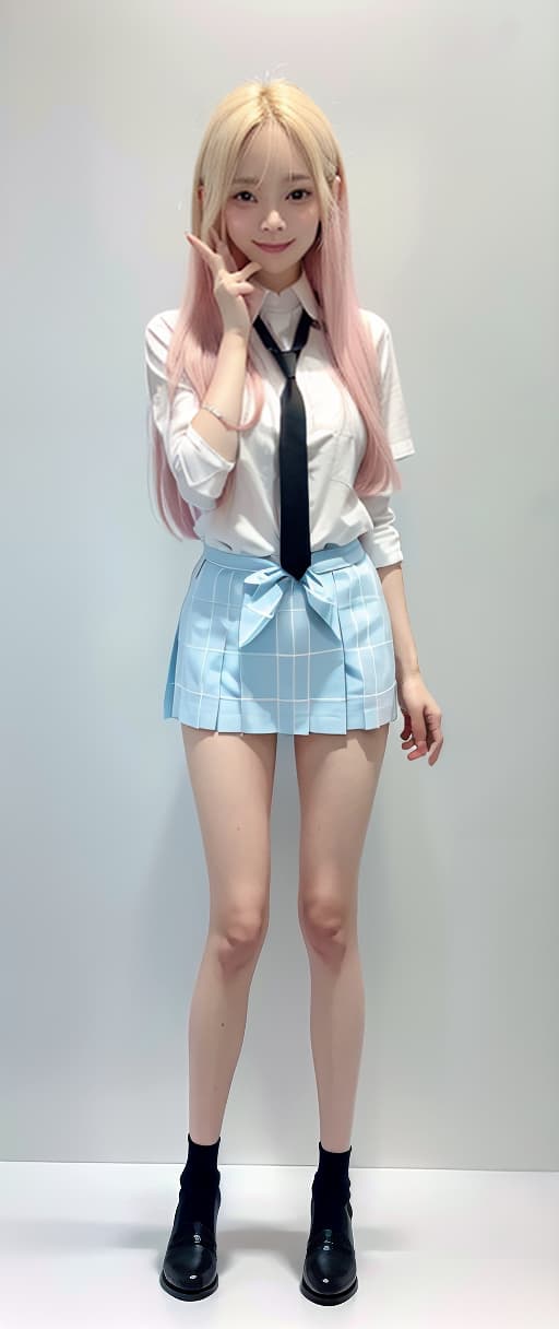  Blond, uniform, long hair, big breasts, big eyes, smiles, pink gradation hair, light blue skirt, GRINNING, piece sign, white cutter shirt, black tie,, (Masterpiece, BestQuality:1.3), (ultra detailed:1.2), (hyperrealistic:1.3), (RAW photo:1.2),High detail RAW color photo, professional photograph, (Photorealistic:1.4), (realistic:1.4), ,professional lighting, (japanese), beautiful face, (realistic face)