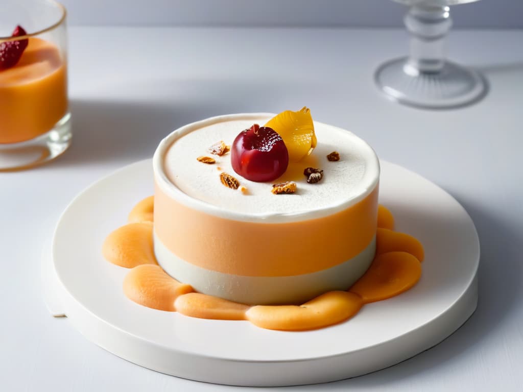  A closeup, highresolution image of a velvety smooth mousse de membrillo, delicately garnished with a single sliver of fresh quince fruit on top. The mousse is elegantly presented in a transparent glass dessert cup, showcasing its light, airy texture and rich, autumnal color. The background is softly blurred to emphasize the simplicity and sophistication of the dish, making it a visually striking and appetizing image for the readers. hyperrealistic, full body, detailed clothing, highly detailed, cinematic lighting, stunningly beautiful, intricate, sharp focus, f/1. 8, 85mm, (centered image composition), (professionally color graded), ((bright soft diffused light)), volumetric fog, trending on instagram, trending on tumblr, HDR 4K, 8K