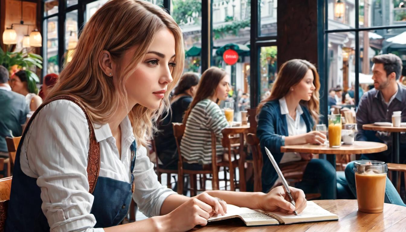  digital illustration, 1woman, Emily, sitting alone at a cafe table with a notebook, absorbed in writing, detailed cafe background with other patrons, distracted, reflective, meticulous, looking at viewer, dynamic pose, (intricate details, masterpiece, best quality)