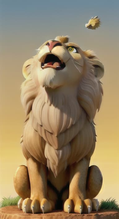  {The lion roaring happily while looking up at the eagle, The lion has a golden mane and bright, curious eyes. The eagle is large with a sharp beak and powerful wings.