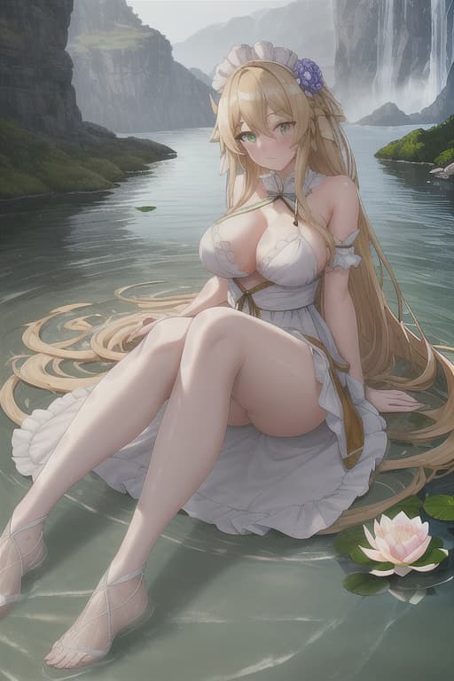  (score 9,score 8 up,score 7 up,),1girl,solo,maid,maid headdress,looking at viewer,outdoor,lake,apron,blonde hair,indoors,green eyes,bare foot,two feet in the water lotus flower sex stunny hyperrealistic, full body, detailed clothing, highly detailed, cinematic lighting, stunningly beautiful, intricate, sharp focus, f/1. 8, 85mm, (centered image composition), (professionally color graded), ((bright soft diffused light)), volumetric fog, trending on instagram, trending on tumblr, HDR 4K, 8K