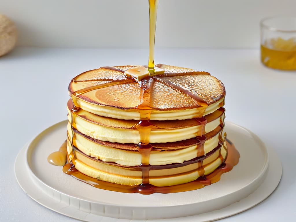  A closeup, ultradetailed image of a stack of fluffy pancakes drizzled with golden maple syrup, with each individual bubble and drop of syrup glistening under the light, set against a simple, white, minimalist background to emphasize the richness and versatility of maple syrup in sweet recipes. hyperrealistic, full body, detailed clothing, highly detailed, cinematic lighting, stunningly beautiful, intricate, sharp focus, f/1. 8, 85mm, (centered image composition), (professionally color graded), ((bright soft diffused light)), volumetric fog, trending on instagram, trending on tumblr, HDR 4K, 8K