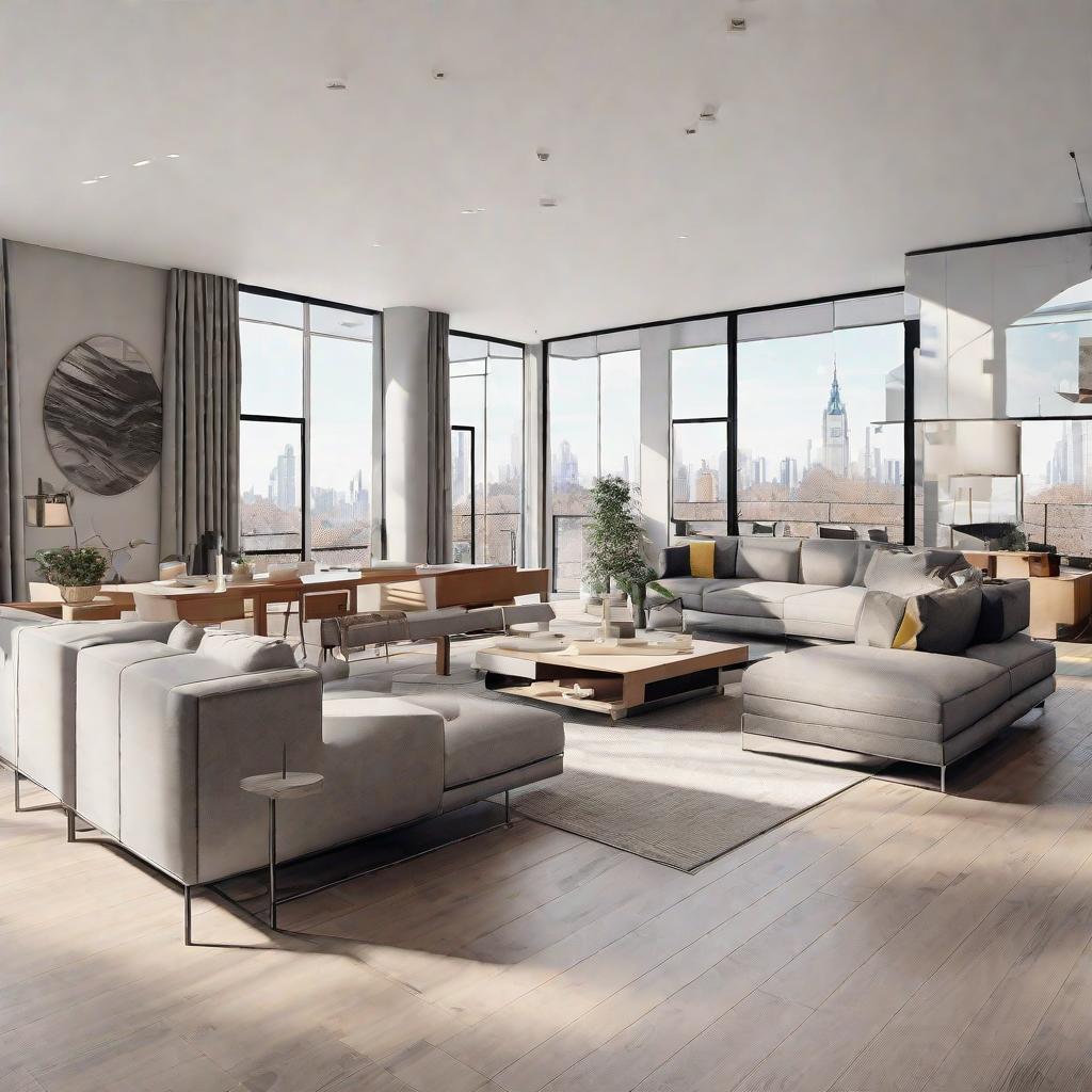  masterpiece, best quality, Best Quality, Masterpiece, 8k resolution,high resolution concept art of an apartment living room with floor to ceiling windows and modern furniture