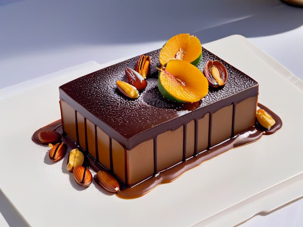  A closeup, ultradetailed image of a delicate, intricately decorated dessert showcasing a perfect balance of textures and flavors. The dessert features layers of smooth ganache, crispy caramelized nuts, velvety mousse, and a glossy glaze, all elegantly displayed on a sleek, minimalist plate. The lighting captures every shimmer and reflection, highlighting the sophistication and artistry of this delectable creation. hyperrealistic, full body, detailed clothing, highly detailed, cinematic lighting, stunningly beautiful, intricate, sharp focus, f/1. 8, 85mm, (centered image composition), (professionally color graded), ((bright soft diffused light)), volumetric fog, trending on instagram, trending on tumblr, HDR 4K, 8K