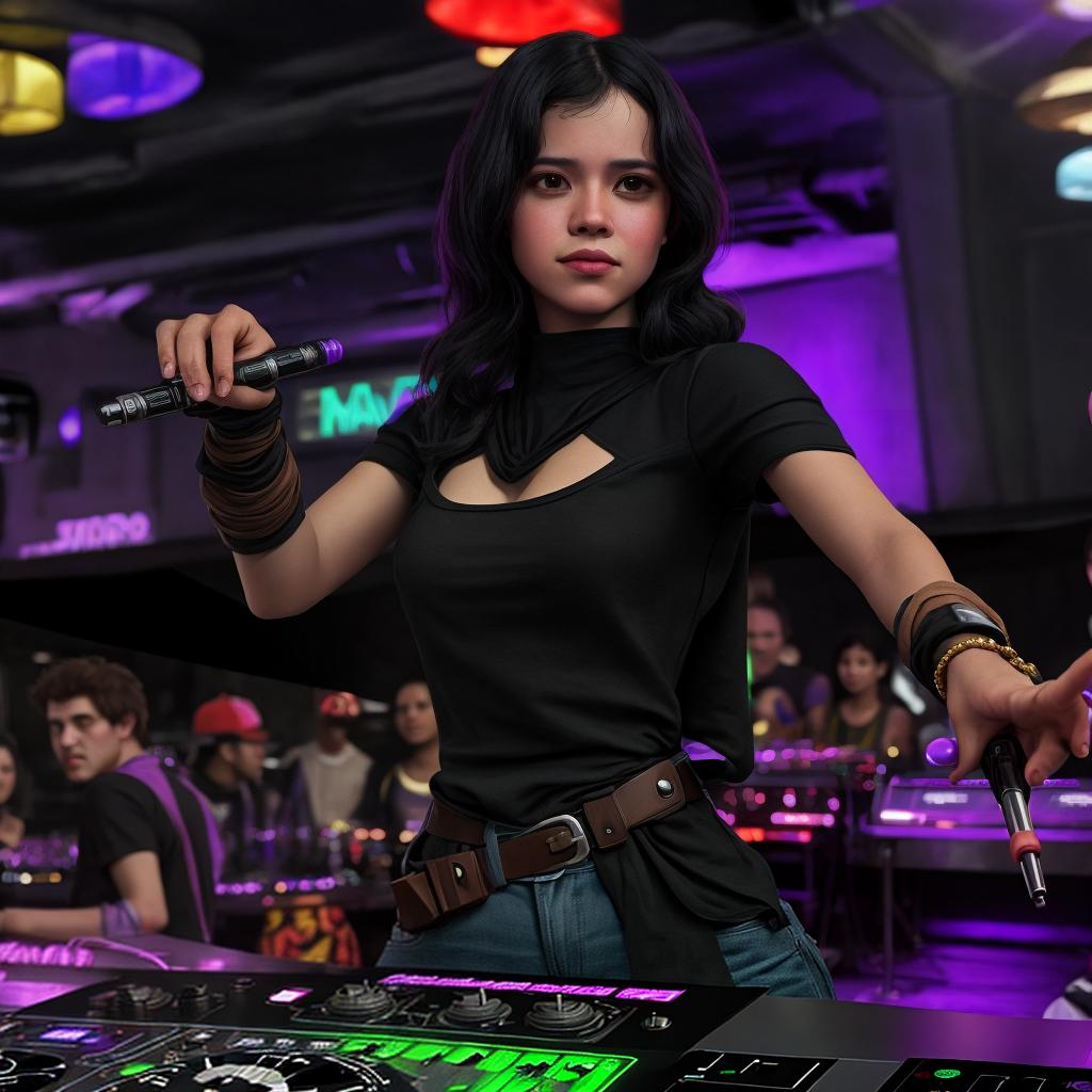  masterpiece, best quality, a night club scene in the cantina with Princess Laia of star wars dressed in her slave outfit from return of the jedi djing the party with all star wars caricatures on the dance floor. ultra realistic 4 k resolution.