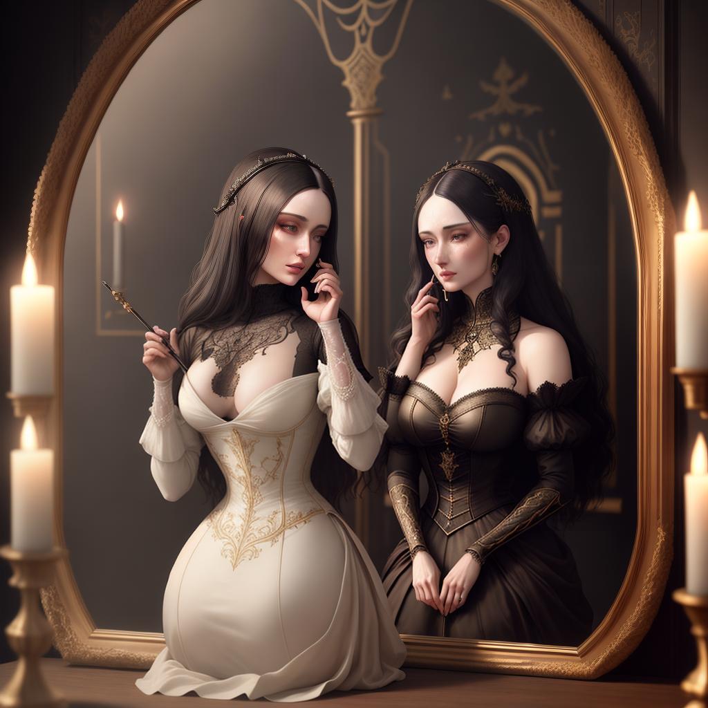  A Renaissance artist using arsenic and bat blood for complexion, creating a realistic masterpiece with the best quality and ultra-detailed visuals. The artwork is in 8k resolution and high detailed, capturing every intricate detail. The artist's style is reminiscent of the Renaissance period, with a touch of modernity. The scene depicts a woman (with pale skin) sitting at a vanity table in a dimly lit room. She is delicately applying a mixture of arsenic and bat blood on her face, emphasizing the dangerous beauty standards of the time. The room is adorned with ornate furniture, antique mirrors, and oil paintings on the walls. The lighting is dramatic, with a single candle casting long shadows across the room. hyperrealistic, full body, detailed clothing, highly detailed, cinematic lighting, stunningly beautiful, intricate, sharp focus, f/1. 8, 85mm, (centered image composition), (professionally color graded), ((bright soft diffused light)), volumetric fog, trending on instagram, trending on tumblr, HDR 4K, 8K