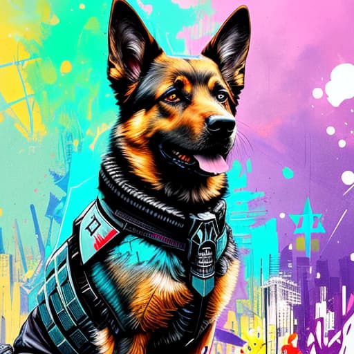  German Shepard cyberpunk , Acid wash effect, perfect anatomy, centered, approaching perfection, dynamic, highly detailed, artstation, concept art, smooth, sharp focus, illustration, art by Carne Griffiths and Wadim Kashin, graffiti airbrushing techniques, high definition, accent lighting, contrasted with bright paint colors, by Squal92i