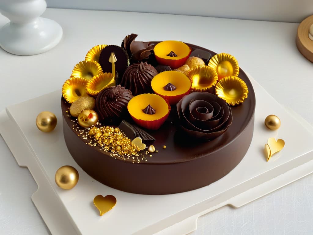  An ultradetailed image of a luxurious, minimalistic chocolate dessert platter, showcasing an assortment of allergysafe chocolates beautifully arranged on a sleek, modern serving dish. The chocolates are elegantly decorated with edible gold leaf and delicate chocolate curls, creating a visually stunning and appetizing display that exudes sophistication and indulgence. The background is a soft focus to enhance the exquisite details of the chocolates, making them the focal point of the image. hyperrealistic, full body, detailed clothing, highly detailed, cinematic lighting, stunningly beautiful, intricate, sharp focus, f/1. 8, 85mm, (centered image composition), (professionally color graded), ((bright soft diffused light)), volumetric fog, trending on instagram, trending on tumblr, HDR 4K, 8K