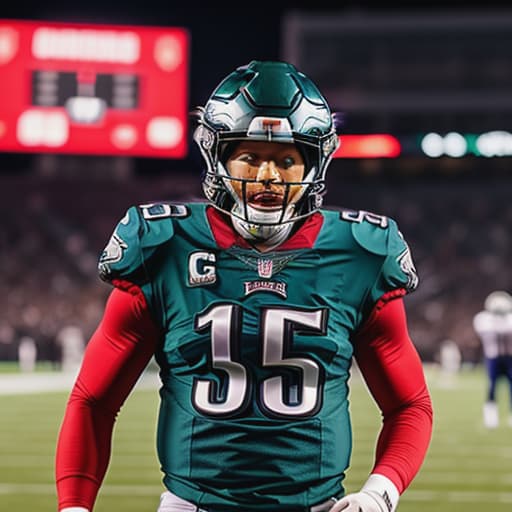  Patrick Mahomes wearing a Philadelphia Eagles jersey, hyperrealistic, high quality, highly detailed, cinematic lighting, intricate, sharp focus, f/1. 8, 85mm, (centered image composition), (professionally color graded), ((bright soft diffused light)), volumetric fog, trending on instagram, HDR 4K, 8K