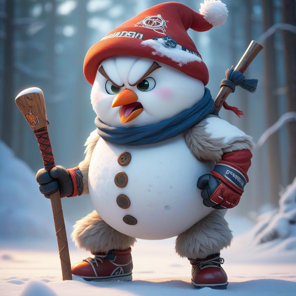  anime artwork An aggressive, mean snowman hockey player holds a stick with a logo. . anime style, key visual, vibrant, studio anime, highly detailed hyperrealistic, full body, detailed clothing, highly detailed, cinematic lighting, stunningly beautiful, intricate, sharp focus, f/1. 8, 85mm, (centered image composition), (professionally color graded), ((bright soft diffused light)), volumetric fog, trending on instagram, trending on tumblr, HDR 4K, 8K