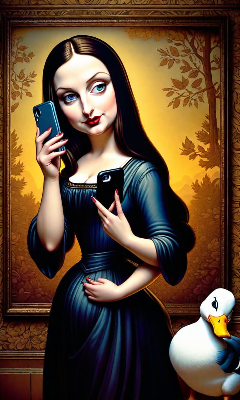  Mona Lisa takes a selfie on her cell phone, she pouts her lips in a duck, gesturing, she is pouting, soft light, Best quality, noted as a masterpiece in the fantasy genre, B. Kliban, Benjamin Lacombe, Jasmine Beckett Griffith, hyperrealistic, full body, detailed clothing, highly detailed, cinematic lighting, stunningly beautiful, intricate, sharp focus, f/1. 8, 85mm, (centered image composition), (professionally color graded), ((bright soft diffused light)), volumetric fog, trending on instagram, trending on tumblr, HDR 4K, 8K