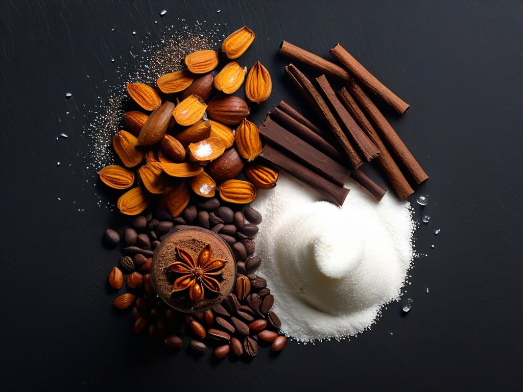  A closeup, ultradetailed image of a perfectly symmetrical arrangement of ethically sourced cocoa beans, vanilla pods, and organic sugar crystals on a sleek, matte black surface. The rich browns, deep blacks, and pristine whites of the ingredients create a visually striking and harmonious composition, emphasizing the beauty of fair trade baking essentials in a minimalist aesthetic. hyperrealistic, full body, detailed clothing, highly detailed, cinematic lighting, stunningly beautiful, intricate, sharp focus, f/1. 8, 85mm, (centered image composition), (professionally color graded), ((bright soft diffused light)), volumetric fog, trending on instagram, trending on tumblr, HDR 4K, 8K