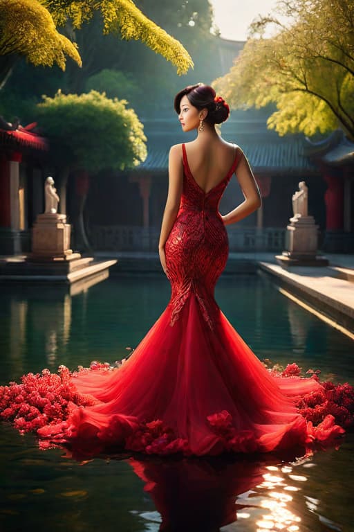  (masterpiece), (extremely intricate:1.3), (realistic), Red koi fish, big almond eyes, insIde the palace ,sitting near pond, big barefoot feet sticking crystal and shiny water,wearing a gorgeous red evening gown , water reflection, photograph of Fairy like actress, photograph of an charming Princesses of PRC actress, cinematic lighting, octane render, unreal engine, volumetric dtx, (film grain), 8k photorealistic, cinematic lighting, HD, high details, dramatic, trending on artstation, full body, head shot, film still, stunning photography. award coached, anatomically correct, hyper realistic, super detailed, 4k uhd image, canon eos r3 hyperrealistic, full body, detailed clothing, highly detailed, cinematic lighting, stunningly beautiful, intricate, sharp focus, f/1. 8, 85mm, (centered image composition), (professionally color graded), ((bright soft diffused light)), volumetric fog, trending on instagram, trending on tumblr, HDR 4K, 8K