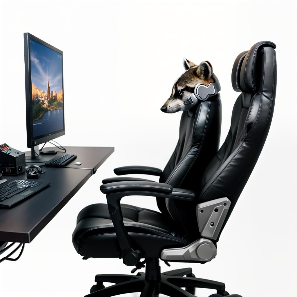  raccoon sitting in gaming chair front a computer on desktop, ((semi anthropomorphic)),(full body), tail, belly, sitting, fat, (chubby), (((white background))), solo, desktop, gaming chair, side view,  [[[clothes]]] hyperrealistic, full body, detailed clothing, highly detailed, cinematic lighting, stunningly beautiful, intricate, sharp focus, f/1. 8, 85mm, (centered image composition), (professionally color graded), ((bright soft diffused light)), volumetric fog, trending on instagram, trending on tumblr, HDR 4K, 8K