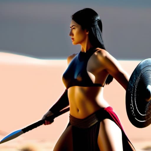  cinematic film still cinematic photo An ancient Spartan woman plays sports with with a spear in her right hand and a shield in her left hand, , without clothes, (((topless))), at full height body, with black hair, slight smile,, ((light-pink-nipples)), pose, slender, slim waist, long red loincloth, tanned skin, perfect symmetric eyes, gorgeous face, action pose, Ancient Sparta village. 35mm photograph, film, bokeh, professional, 4k, highly detailed . shallow depth of field, vignette, highly detailed, high budget, bokeh, cinemascope, moody, epic, gorgeous, film grain, grainy hyperrealistic, full body, detailed clothing, highly detailed, cinematic lighting, stunningly beautiful, intricate, sharp focus, f/1. 8, 85mm, (centered image composition), (professionally color graded), ((bright soft diffused light)), volumetric fog, trending on instagram, trending on tumblr, HDR 4K, 8K