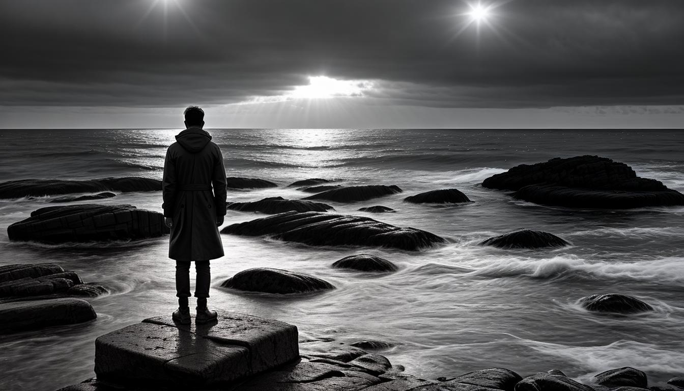  cinematic, aesthetic, A lone figure, sketched in grayscale, standing on a rocky shore with back turned to the turbulent sea, hands in pockets, wind blowing through hair, yearning for peace, solitude in struggle, 4k, HDR, lens flare