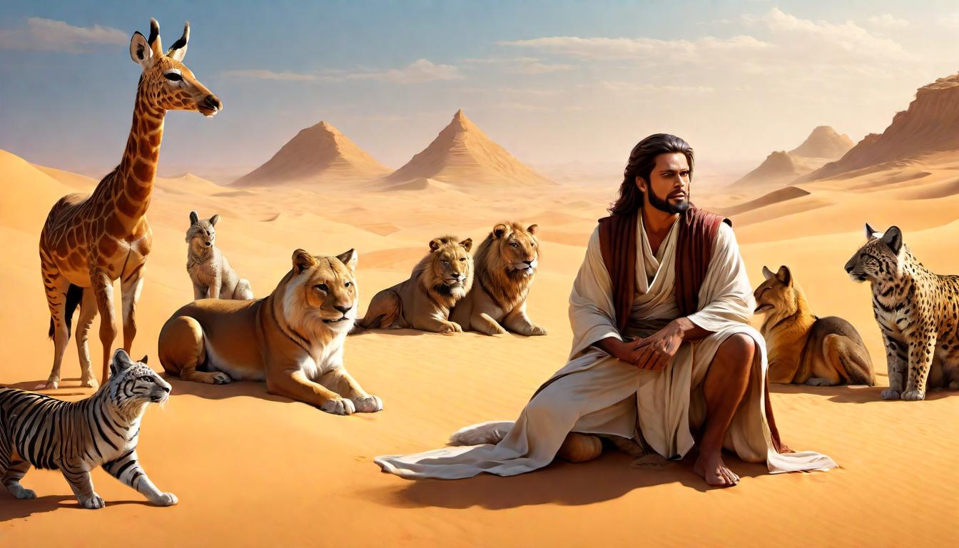  digital painting of Upon the sandy expanse, the Prophet (male) kneels, surrounded by a menagerie of desert animals, each engaging with him in a moment of shared respect and understanding, intricate sand textures, animals drawn with attuned detail to their wild nature, mutual admiration, moment of unity, bonds of friendship looking at viewer, dynamic pose, (intricate details, masterpiece, best quality)