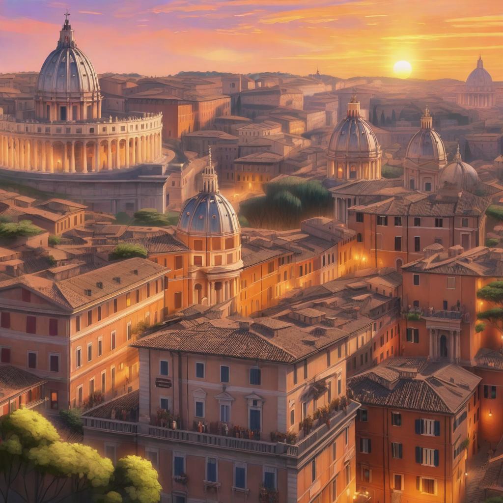  Rome city, old city, sunset, Oil Painting style, ultra detailed, 8k render