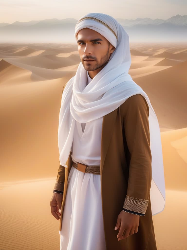  Half body portrait,Young Man Tourist wear Casual Outfit tie a solid white casual Headscarf standing in desert, look at to camera, cinematic lighting, stunningly beautiful, intricate, sharp focus, f/1. 8, 85mm, (professionally color graded), ((bright soft diffused light)), volumetric fog, trending on instagram, trending on tumblr, HDR 4K, 8K hyperrealistic, full body, detailed clothing, highly detailed, cinematic lighting, stunningly beautiful, intricate, sharp focus, f/1. 8, 85mm, (centered image composition), (professionally color graded), ((bright soft diffused light)), volumetric fog, trending on instagram, trending on tumblr, HDR 4K, 8K