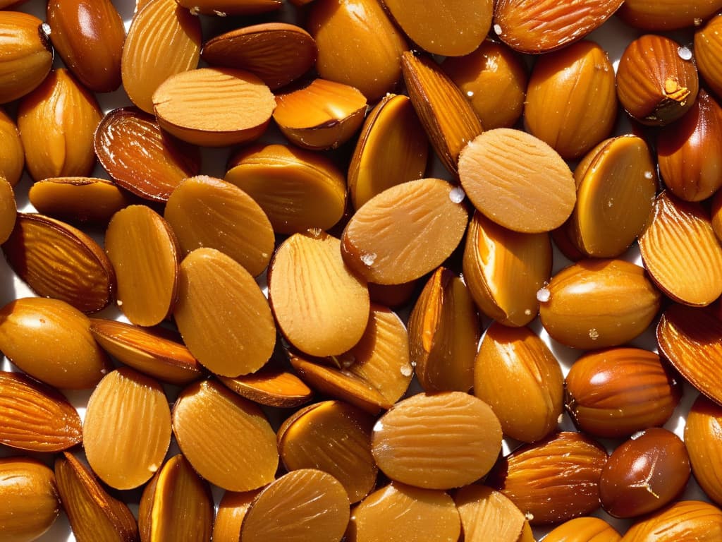  An ultradetailed closeup image of a golden caramelized almond, with a glossy, sticky caramel coating that glistens under a soft, diffused light. The almond is delicately sprinkled with a pinch of sea salt crystals, emphasizing its texture and adding a touch of sophistication. The background is a muted, neutral tone to keep the focus solely on the exquisite caramelized nut, showcasing its delectable and enticing appearance. hyperrealistic, full body, detailed clothing, highly detailed, cinematic lighting, stunningly beautiful, intricate, sharp focus, f/1. 8, 85mm, (centered image composition), (professionally color graded), ((bright soft diffused light)), volumetric fog, trending on instagram, trending on tumblr, HDR 4K, 8K