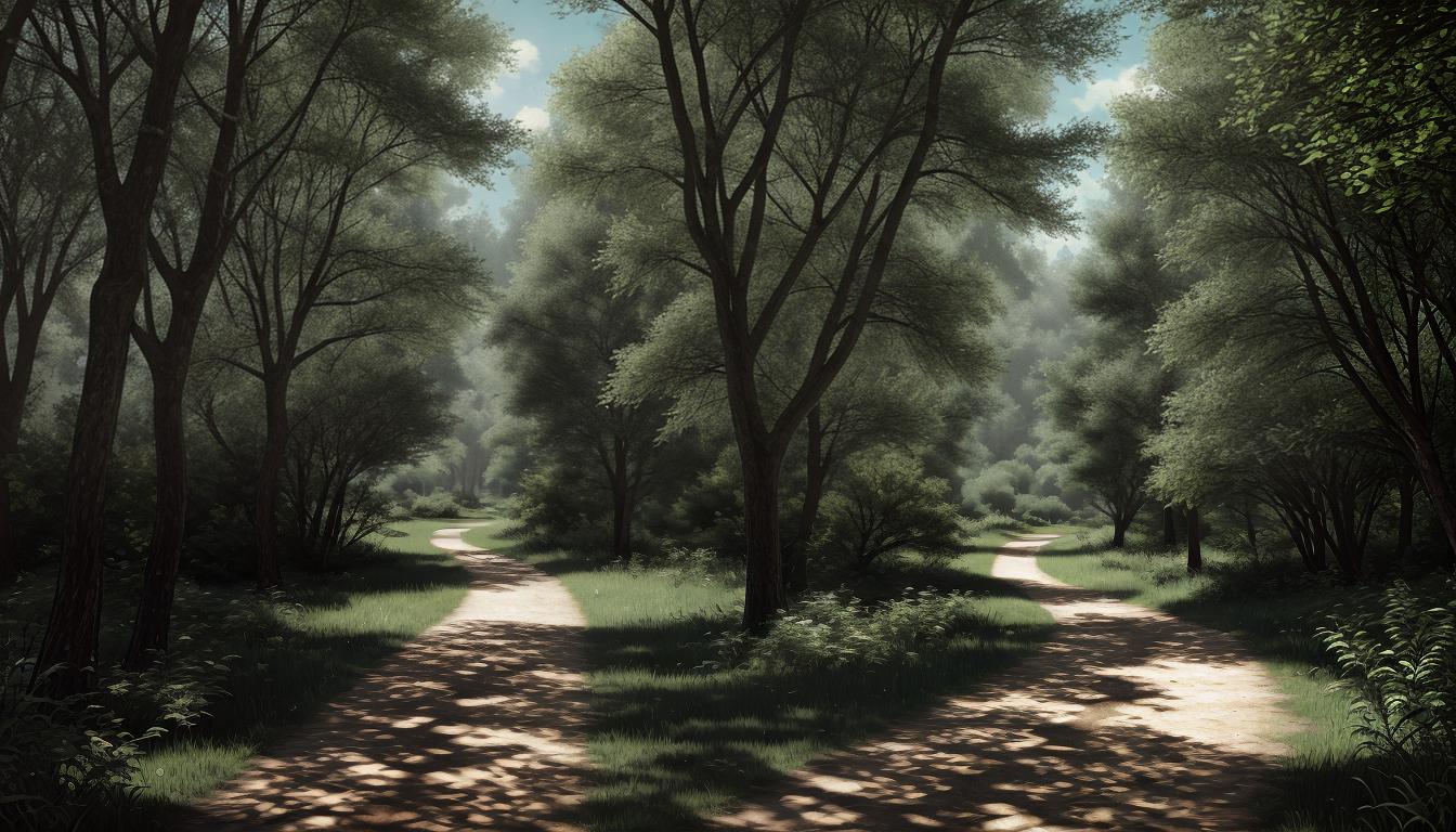  digital illustration, Two paths diverging in a wood, one path clearly more worn than the other, suggesting choice and healthier direction, tranquil setting, contemplative mood, looking at viewer, dynamic pose, (intricate details, masterpiece, best quality)