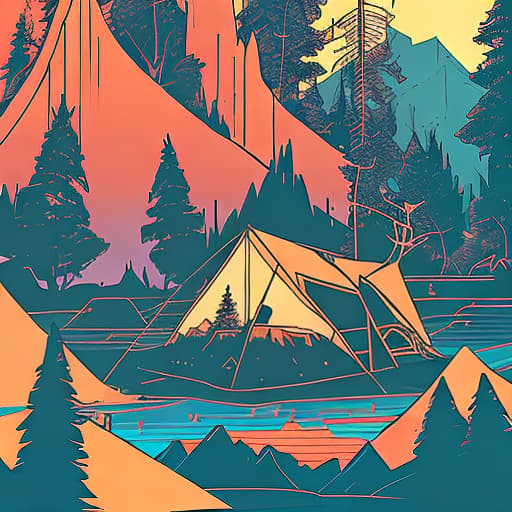 nvinkpunk Whimsical mountains with trees, camping tent and fire