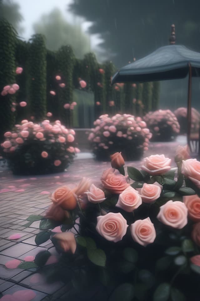  {{{Photo:1.4,empty landscape}}},super detail,8k,high res,absurd,adopted,detailed,delicate composition,cinematic angle,bold composition,detailed,((landscape photo:1.4,empty landscape)){(raining rose garden:1.4)various kinds of roses,large garden,well maintainedgarden,garden table set} top quality,masterpiece,