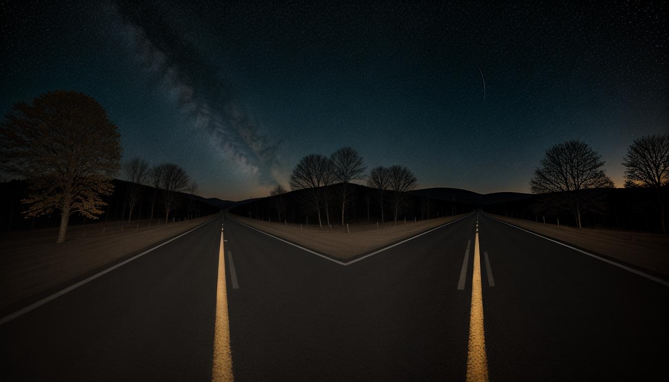  cinematic, aesthetic, A road under starlit sky, leading toward a glowing horizon, symbolizing guidance by values and principles, clear path, stars twinkling, determined, noble journey, 4k, HDR, lens flare