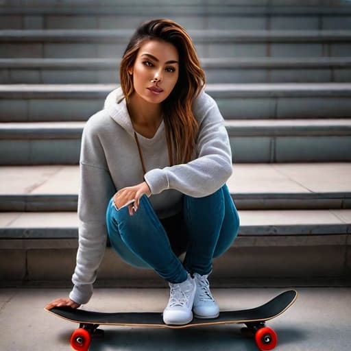  skater girl hyperrealistic, full body, detailed clothing, highly detailed, cinematic lighting, stunningly beautiful, intricate, sharp focus, f/1. 8, 85mm, (centered image composition), (professionally color graded), ((bright soft diffused light)), volumetric fog, trending on instagram, trending on tumblr, HDR 4K, 8K