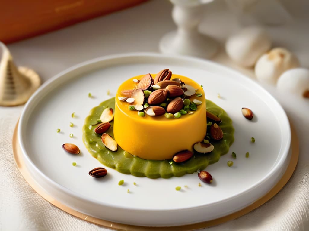  An elegant and minimalistic image of a beautifully plated Halwa dessert, showcasing layers of rich, goldenbrown sweet confection topped with slivered almonds and pistachios, set on a sleek white porcelain plate against a soft, blurred background of intricate Middle Eastern patterns. The lighting is soft, casting a gentle glow on the dessert, enhancing its textures and colors, while the composition exudes sophistication and culinary artistry. hyperrealistic, full body, detailed clothing, highly detailed, cinematic lighting, stunningly beautiful, intricate, sharp focus, f/1. 8, 85mm, (centered image composition), (professionally color graded), ((bright soft diffused light)), volumetric fog, trending on instagram, trending on tumblr, HDR 4K, 8K