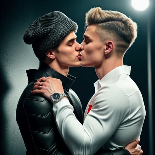  Joshua Kimmich Kissing Justin Bieber hyperrealistic, full body, detailed clothing, highly detailed, cinematic lighting, stunningly beautiful, intricate, sharp focus, f/1. 8, 85mm, (centered image composition), (professionally color graded), ((bright soft diffused light)), volumetric fog, trending on instagram, trending on tumblr, HDR 4K, 8K