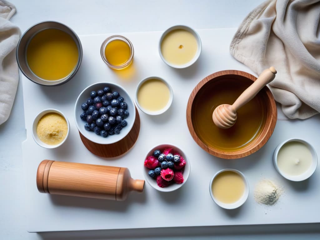  A beautifully arranged flat lay image showcasing an assortment of wholesome baking tools and ingredients on a sleek marble countertop. The image features a set of stainless steel measuring cups, a rustic wooden rolling pin, a stack of pastelhued mixing bowls, a jar of raw honey, a pile of ripe organic berries, and a scattering of aromatic vanilla beans. The soft natural light streaming in from a nearby window highlights the textures and colors of each item, creating a serene and inviting atmosphere that perfectly complements the theme of healthy winter dessert recipes. hyperrealistic, full body, detailed clothing, highly detailed, cinematic lighting, stunningly beautiful, intricate, sharp focus, f/1. 8, 85mm, (centered image composition), (professionally color graded), ((bright soft diffused light)), volumetric fog, trending on instagram, trending on tumblr, HDR 4K, 8K