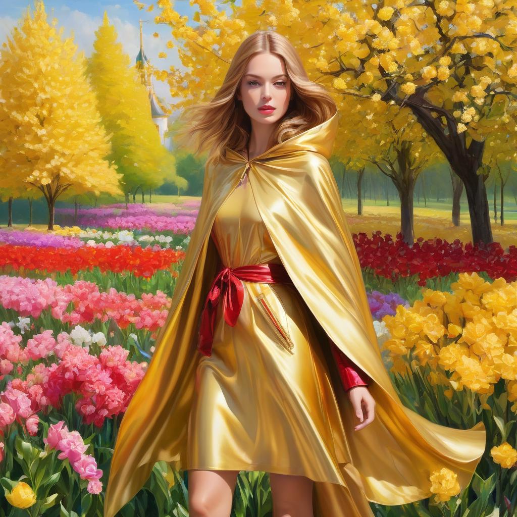  A masterpiece. A very beautiful girl. High elaboration, high detail. Golden brown hair. Girl on heels. Brown eyes. Golden hooded cloak. Behind nature, city. Bright colors. Sunlight. (Sparkling rim)): spring field, hyacinths, roses, rosehips, rose hips, peonies, cherry tree, yellow, red. Surrealist abstractionism. Alfonso Mucha, Honoré Fargonard. hyperrealistic, full body, detailed clothing, highly detailed, cinematic lighting, stunningly beautiful, intricate, sharp focus, f/1. 8, 85mm, (centered image composition), (professionally color graded), ((bright soft diffused light)), volumetric fog, trending on instagram, trending on tumblr, HDR 4K, 8K