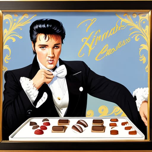  Elvis Presley wearing a white tuxedo with bow tie holding an open box of fine chocolates. Painted in the style of Édouard Manet