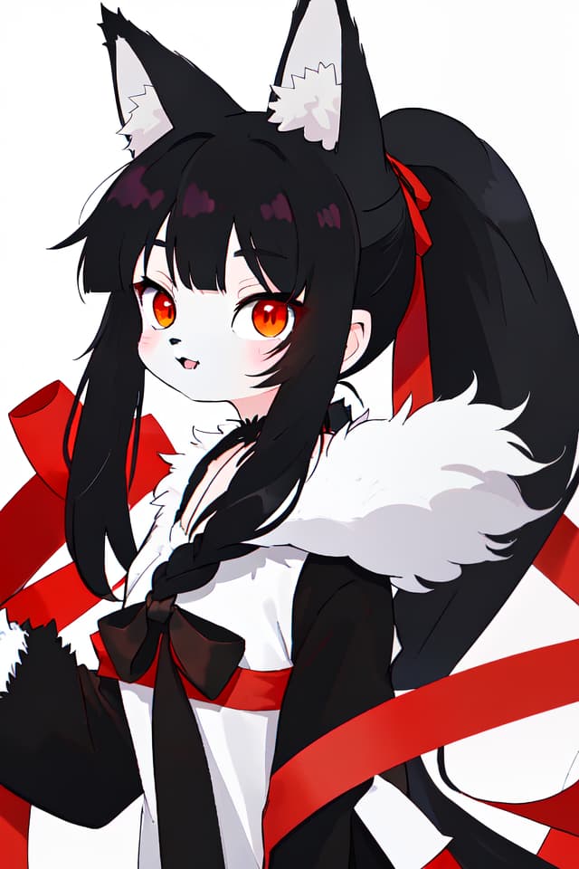  animal girl,wolf ear,furry,fur,black hair,ponytail,long hair,red ribbon,ookami