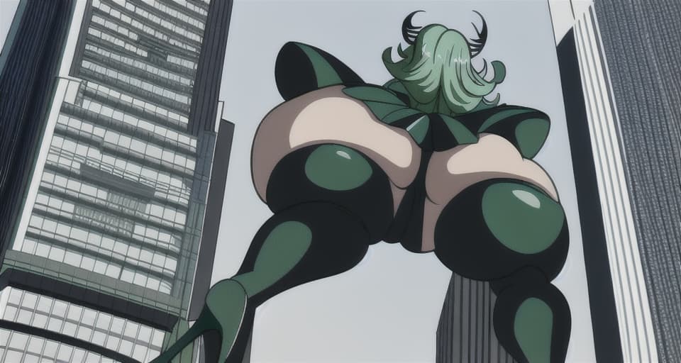  giantess tatsumaki giant ass sitting on a skyscraper, destroying the building, thick toned legs, heels, clumsy, huge ass crushing a building, view from below her, planted ass, bare legs, curvy toned legs