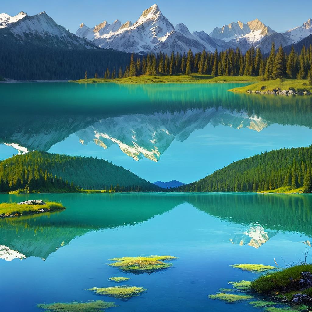  as a painting, Convey the serene majesty of towering mountains reflected in the crystal-clear waters of a tranquil alpine lake, using your unique artistic vision to evoke a sense of awe and tranquility.