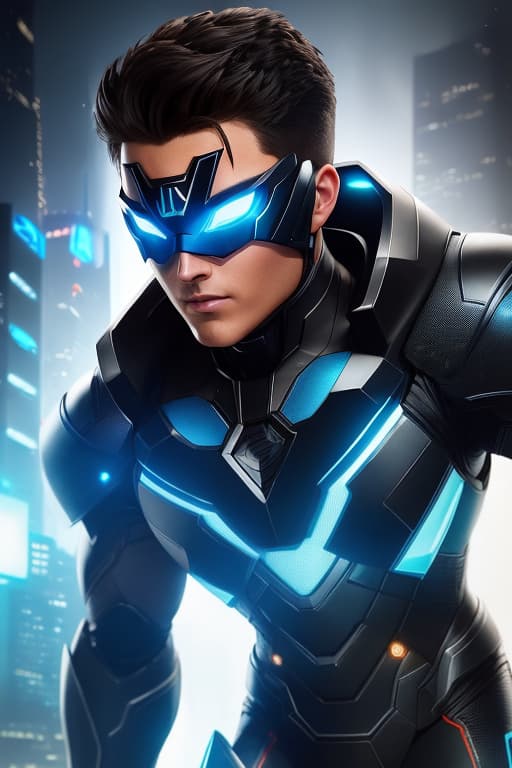  Robbie Amell, Male Superhero, Black and Blue Cybernetic Armored Suit, Cyber Mask, Toned Male Muscle, Male Body Shape, Fit Male Body, Black Hair, Close Up Face, Portrait, 4KUHD quality, 1080i, 1080p, Cinematic Quality, Dramatic Lighting, Bokeh, Anime Asthetic 
[DreamGlow (NEW)], hyperrealistic, high quality, highly detailed, cinematic lighting, intricate, sharp focus, f/1. 8, 85mm, (centered image composition), (professionally color graded), ((bright soft diffused light)), volumetric fog, trending on instagram, HDR 4K, 8K