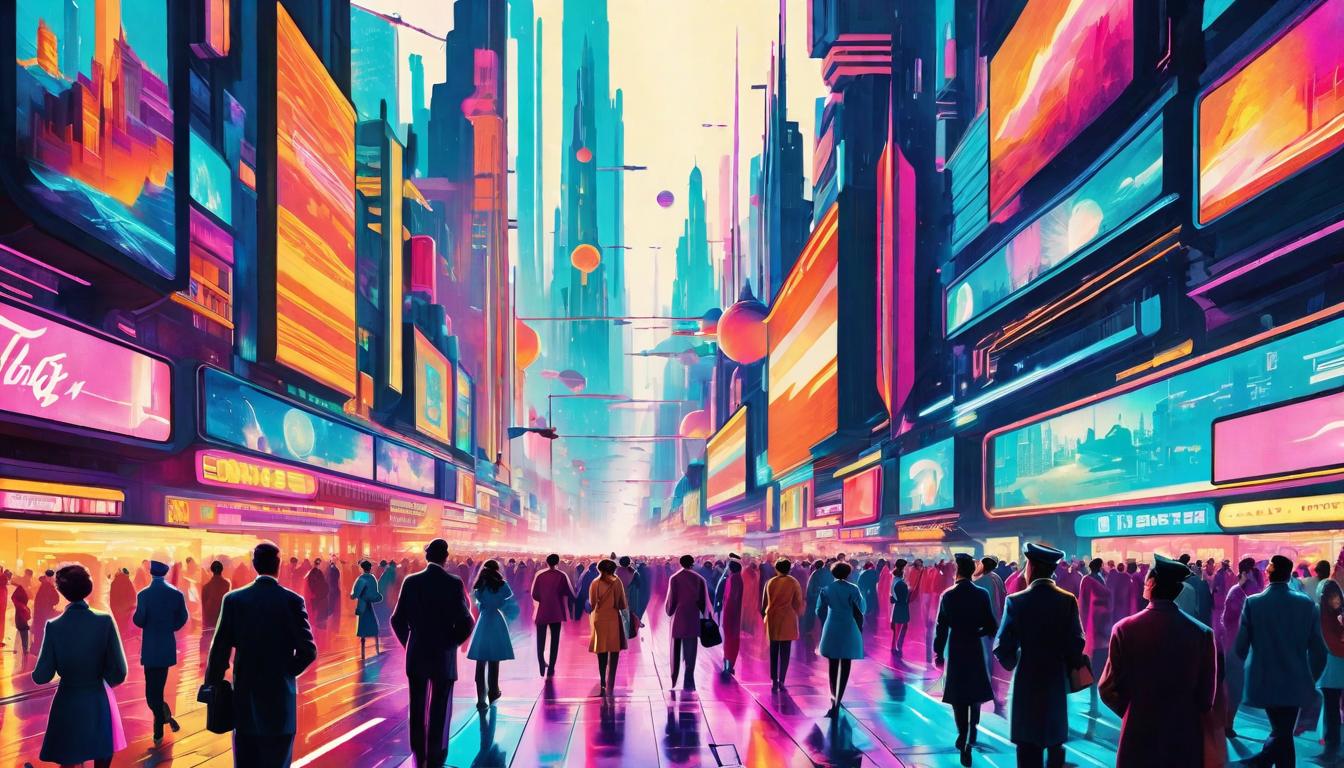  retro futuristic A bustling urban street scene filled with people and digital screens, blurring together in a cascade of colors. Vibrant chaos, sensory overload, disconnected connections lvintage sci fi, 50s and 60s style, atomic age, vibrant, highly detailed