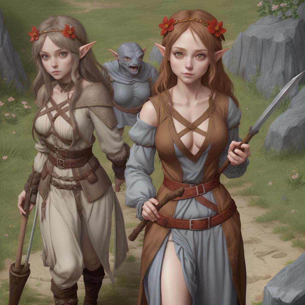  kobold female, common clothes, big , and xys body, holding stick, and greenelven, cute face, big , xys body, holding spear weapon, and have flower headband undeads, big bs, xys clothes open medieval , style, undeads ,grey skin, red clothes, red cheeks, brown long hair, big bs, xys clothes open medieval , style,