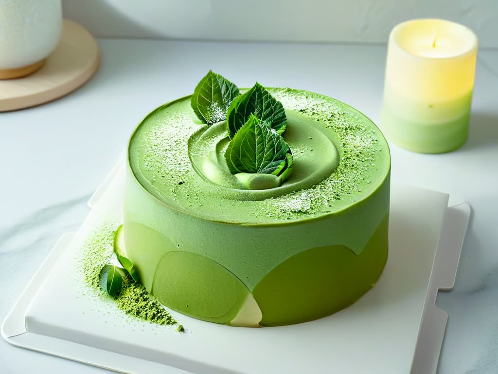  An 8k ultradetailed image of a delicate, intricate matcha green tea cake topped with a dusting of vibrant green matcha powder, set on a simple, elegant white plate against a clean, unobtrusive background to convey a sense of zenlike tranquility and sophistication. hyperrealistic, full body, detailed clothing, highly detailed, cinematic lighting, stunningly beautiful, intricate, sharp focus, f/1. 8, 85mm, (centered image composition), (professionally color graded), ((bright soft diffused light)), volumetric fog, trending on instagram, trending on tumblr, HDR 4K, 8K