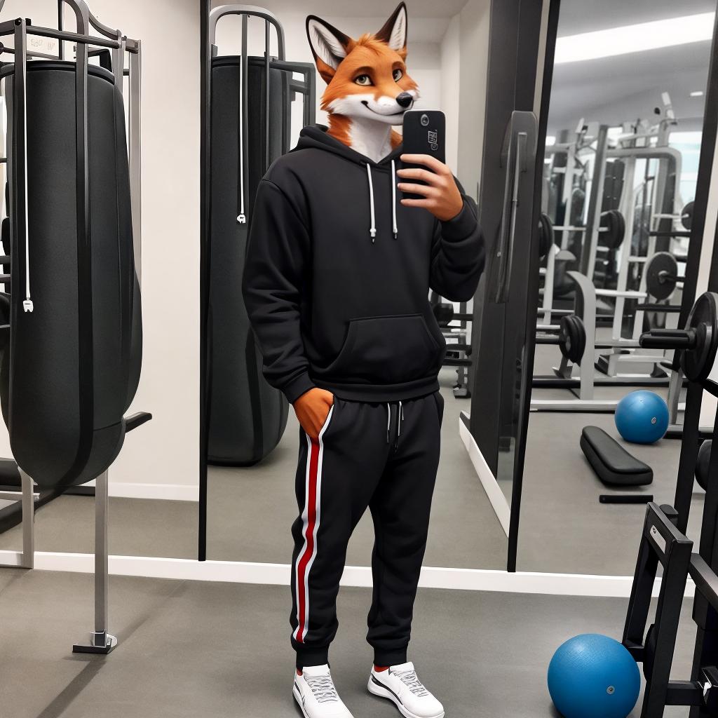  as a cinematic render, Anthro male fox, sweatshirt, sweatpants, in a gym, selfie, in mirror, smiling, full length portrait hyperrealistic, detailed clothing, 4K, 8K