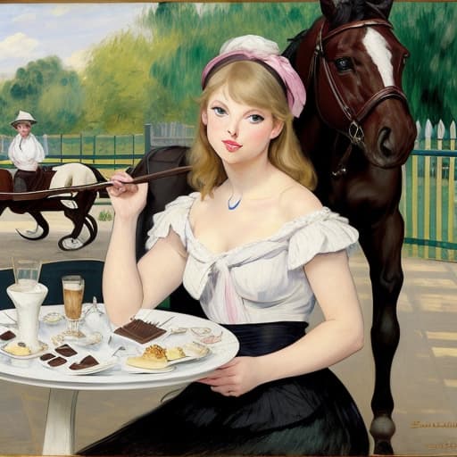  Happy beautiful Taylor Swift with pink cheeks and streaks of sunshine, gazing at a piece of fine dark chocolate, painted in the style of Édouard Manet. Foreground has a plate of fine dark chocolates on a coffee table. Background has a thoroughbred horses, white horse fences, limestone fences