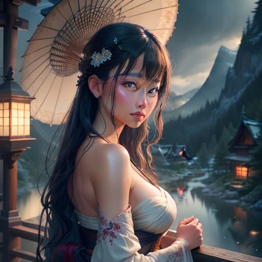  ((best quality)), ((masterpiece)), (detailed), Asian pin up with Japanese umbrella enjoying natural onsen in the mountains, alluring, ethereal beauty, (fantasy illustration:1.3), enchanting gaze, captivating pose, otherworldly charm, mystical sky, (Luis Royo:1.2), (Yoshitaka Amano:1.1), moonlit night, soft colors, (detailed cloudscape:1.3), (high resolution:1.2) hyperrealistic, full body, detailed clothing, highly detailed, cinematic lighting, stunningly beautiful, intricate, sharp focus, f/1. 8, 85mm, (centered image composition), (professionally color graded), ((bright soft diffused light)), volumetric fog, trending on instagram, trending on tumblr, HDR 4K, 8K