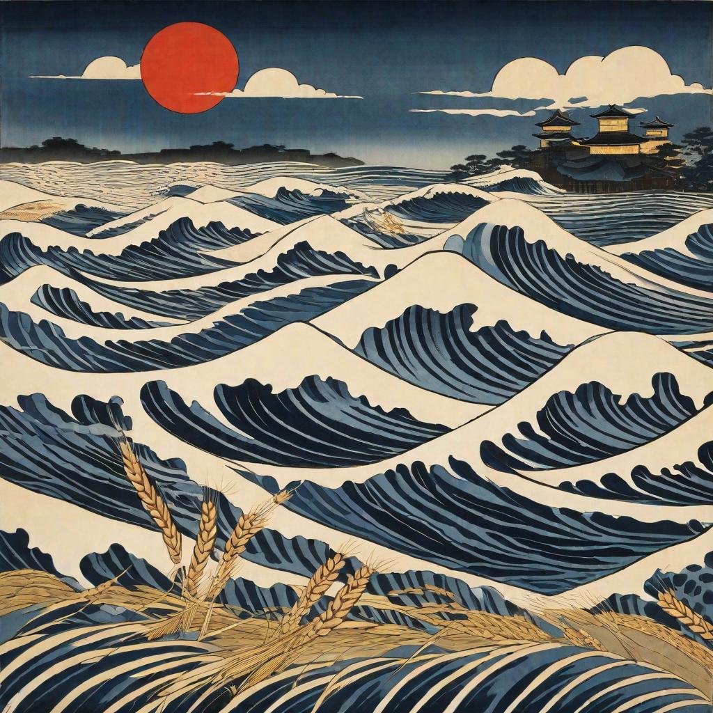  masterpiece, best quality, wheat,Ukiyo-e, waves, moon