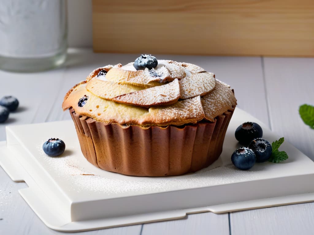  A closeup, ultradetailed image of a perfectly golden brown, freshly baked lowcalorie blueberry muffin, topped with a sprinkle of powdered sugar, set on a sleek, modern white plate against a softfocus background of a rustic kitchen countertop. The muffin is artfully garnished with a few fresh blueberries and a mint leaf, showcasing its moist crumb texture and inviting aroma. This minimalist composition highlights the beauty and indulgence of guiltfree baking, attracting readers with its visual appeal and promise of delicious, healthy treats. hyperrealistic, full body, detailed clothing, highly detailed, cinematic lighting, stunningly beautiful, intricate, sharp focus, f/1. 8, 85mm, (centered image composition), (professionally color graded), ((bright soft diffused light)), volumetric fog, trending on instagram, trending on tumblr, HDR 4K, 8K